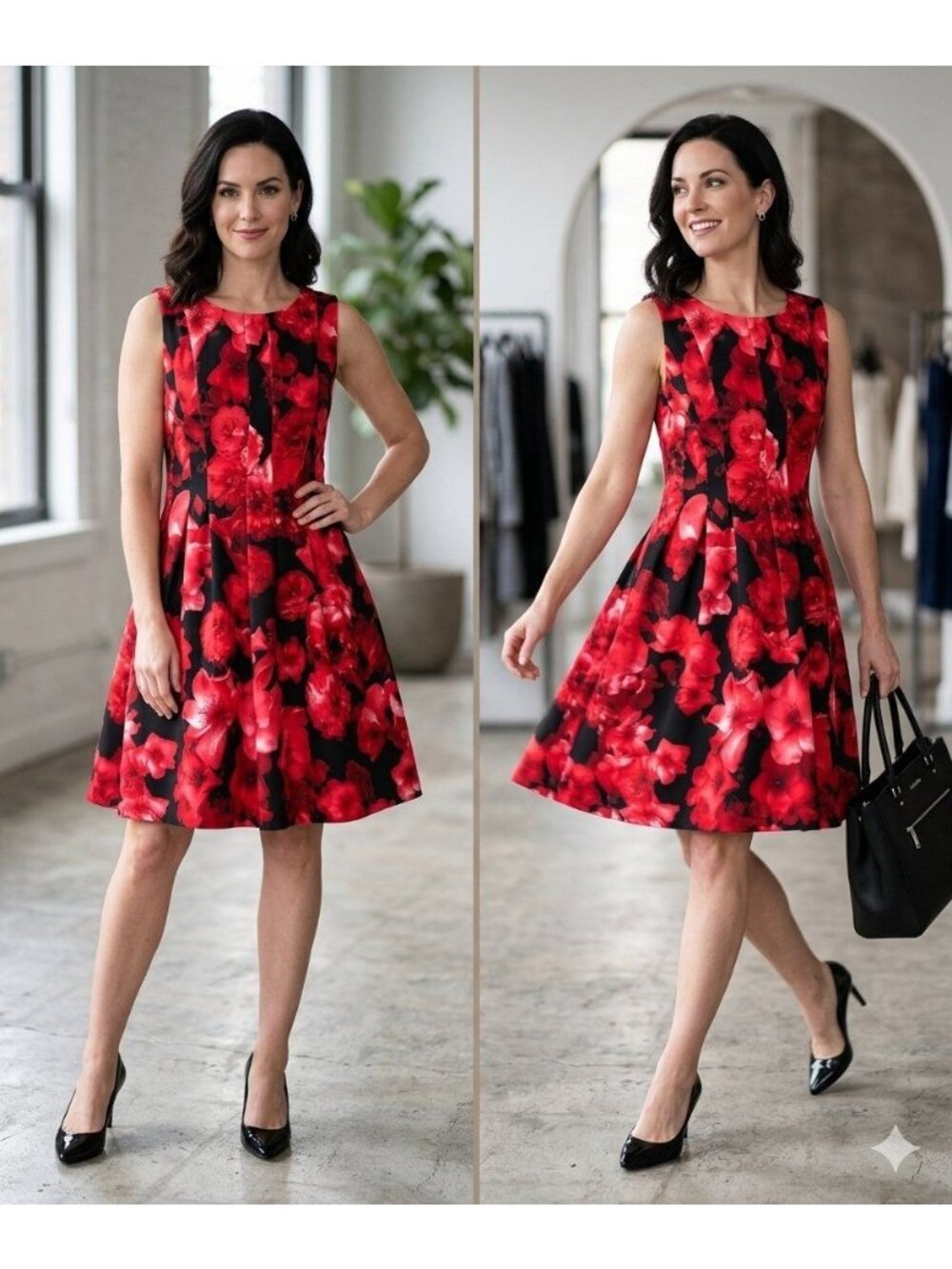 Calvin Klein Fit Flare Sleeveless Dress Size 14 Black Red  Floral Print Was $134